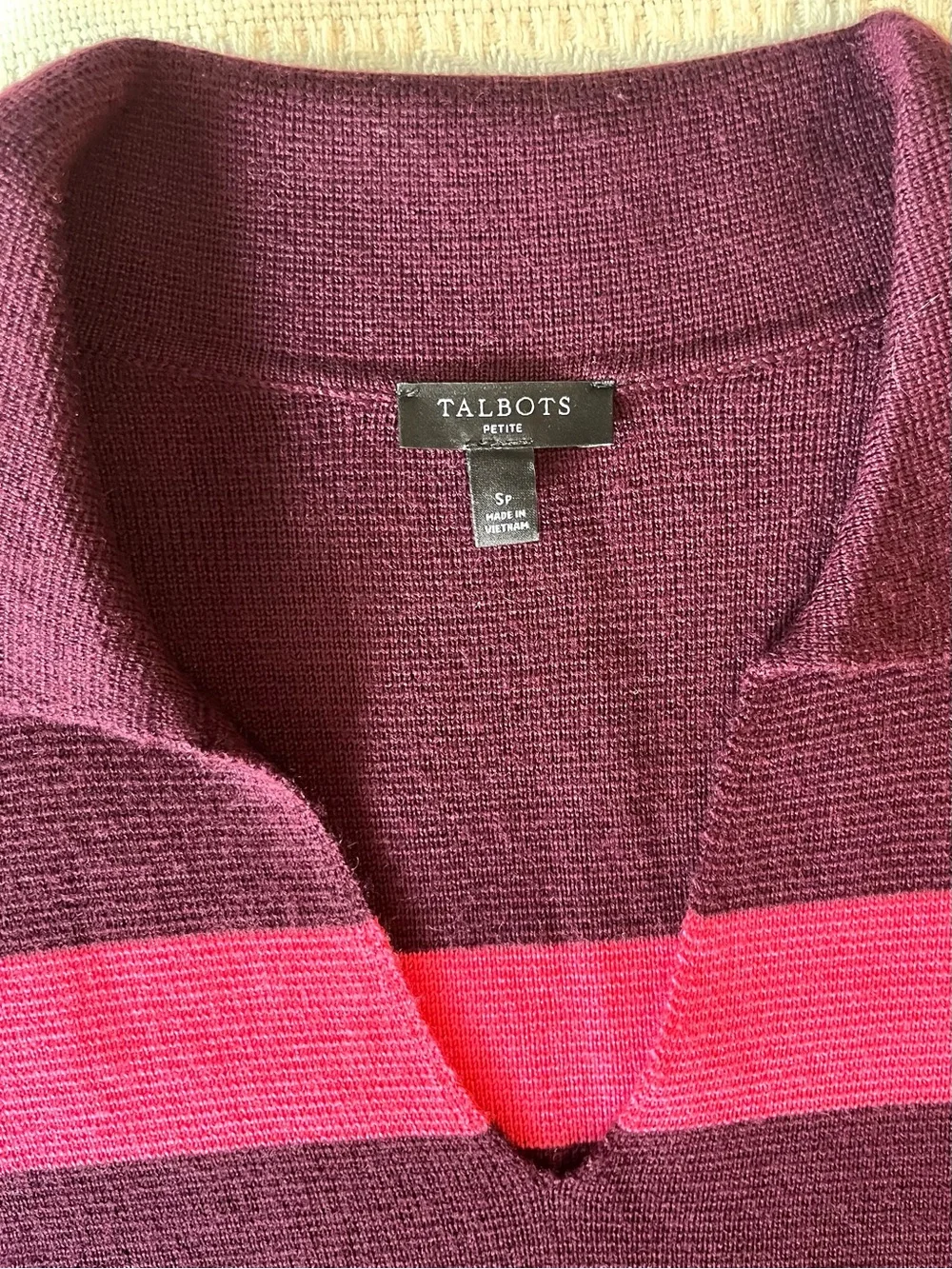 Talbots Striped Knit Polo Collar Sweater in Hot Pink and Deep Plum